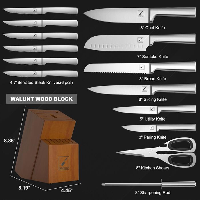 IMARKU 15-Piece Japanese Stainless Steel Knife Set with Block - Professional Kitchen Knife Set with Sharpener & Cleaning Block