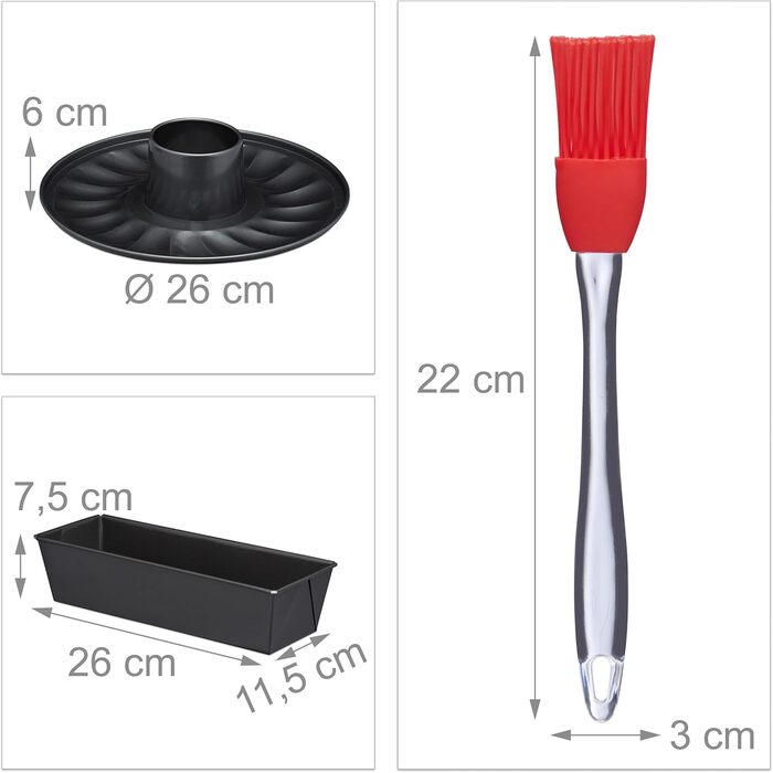 Набір для випічки Relaxdays 5-ти частинний: форма для випічки 26 см з трубчатим дном, кексова форма, форма для пирога з фруктами, пензлик для випічки, сталь, антрацит