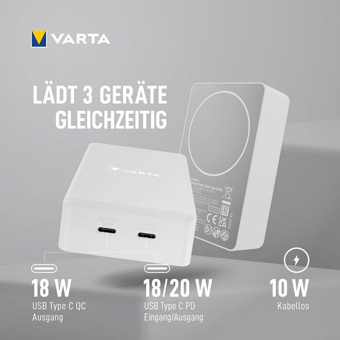 Повербанк VARTA Power Bank Energy 10000 mAh 20W, USB-C та USB-A, Li-Polymer, Pass-Through зарядка, Mag Pro 10000 білий