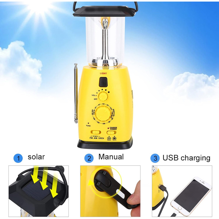 VGEBY LED Camping Lantern, 8 LED Solar Crank Lantern Hand Crank Lantern Rechargeable Solar Lantern With AM/FM Radio FOR Camping, Storms, Power Outages, Hiking, Walking, Festivals, Caravans