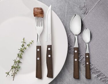 Tramontina TRADICIONAL Cutlery Set for 6 Persons, 24-Piece, Steak Cutlery, Serrated Steak Knives, Dinner Forks, Dinner Spoons, Coffee Spoons, Natural Wood Handles