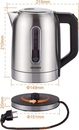 Електричний чайник GRIFEMA 0.8L, 1100W з фільтром від накипу, тихий, швидкий, без BPA, для подорожей, автоматичне відключення, захист від перегріву, білий (нержавіюча сталь 1.7L)