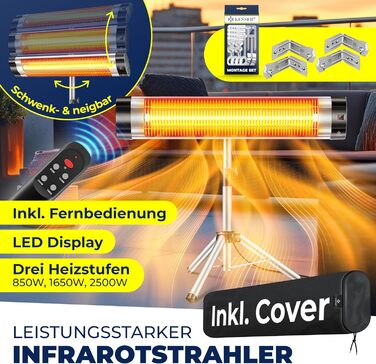 Інфрачервовий обігрівач KESSER® 2500W з пультом дистанційного керування та захисним чохлом, телескопічною стійкою, для тераси та дому