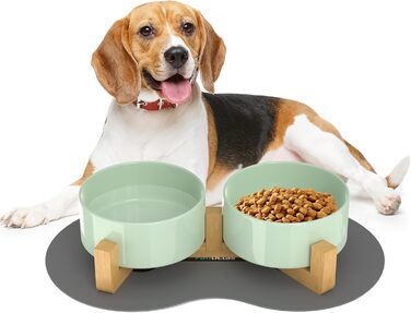 Doppel 850ml Ceramic Dog Bowl - Elevated Food and Water Bowl with Bamboo Stand & Non-Slip Mat for Medium & Large Dogs