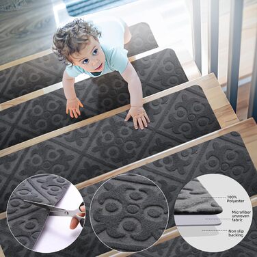 Килимки на сходи YISUN 15 шт., антиковзні, самоклеючі, прямокутні 20x65 см (сірі). Для дітей, літніх людей та собак. Для внутрішнього та зовнішнього використання.