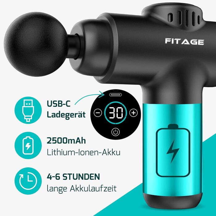 Масажер FITAGE - пістолет для масажу з 30 рівнями швидкості, 12 насадок для глибокого масажу м'язів спини, плечей та всього тіла (Mini)