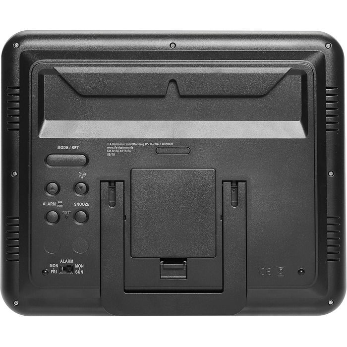 TFA Dostmann Radio Clock digital, 60.4516.54, with room climate display, spelled-out weekday (10 languages), 2 alarm functions, as a table clock or for hanging, silver, (L) 248 x (W) 25 (73) x (H) 206 mm