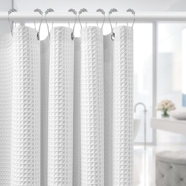 Штора для душу біла 180x180 см, вафельна, з металевими кільцями та гачками, водонепроникна, з утяжеленим краєм