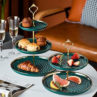 Підставка для капкейків та десертів з кераміки, 3-ярусна, зелена | Підставка для фруктів та тістечок