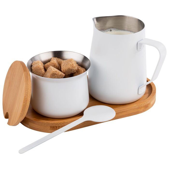 APS 631 Milk and Sugar Set, 5-piece set, Bamboo, Stainless Steel, non-stick coated, white
