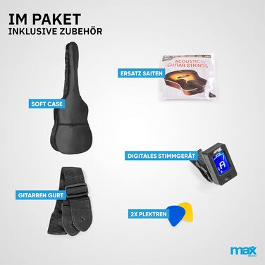 Електроакустична гітара MAX ShowKit з підсилювачем 40 Вт, чохлом, тюнером, кабелем, медіатором та звукознімачем, чорна