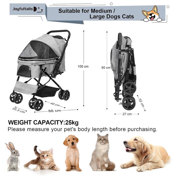 Складаний візок для собак, переноска для тварин до 20 кг, сірий. Підходить для собак та котів