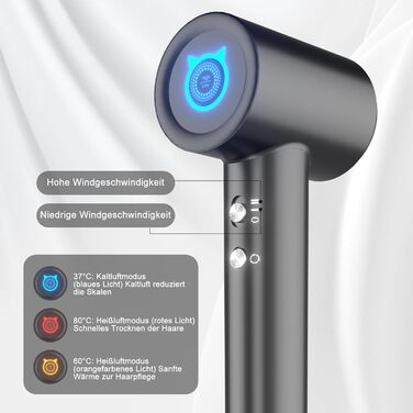 Супершвидкий фен Supersonic з іонізацією 200 млн негативних іонів, 110 000 обертів/хв безщітковий двигун, низький рівень шуму 57dB, інтелектуальна стабільна температура для подорожей та дому, чорний