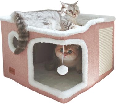 Spindro Cat Cave Cat Bed Large, Cat House Indoor Cat Sleeping Place with Removable Sherpa Cat Cushion and Hanging Toy, Cat Bed, Light Grey 42x42x33cm (2 level (42cmx42cmx33cm), Pink)