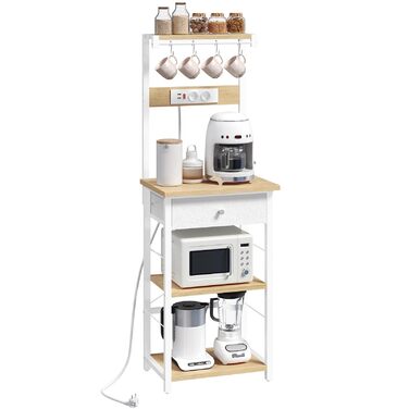 Полиця кухонна з розетками, стелаж для пекаря, підлоговий стелаж, 34 x 48 x 139 см, полиця для мікрохвильовки з ящиками, 4 гачки, для кухні, вітальні, їдальні, чорний/білий ABRHR48UE01