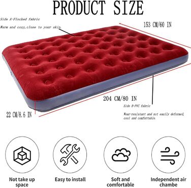 Надувне ліжко Icelus Doppel 204x153x23 см з насосом. Ліжко для кемпінгу, подорожей та дому. Червоне надувне ліжко з насосом