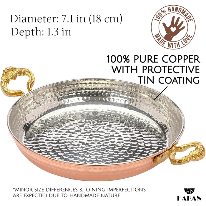 Hakan Runde Kupfer-Kochpfanne - Traditional Ottoman Style, Handcrafted Frying Pan, Authentic Design, Cookware, Hammered Sahan for Turkish Eggs 7.1 in | 18 cm