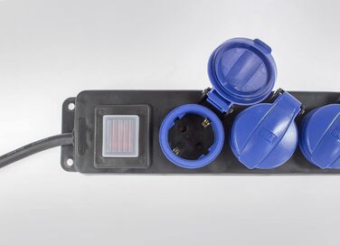 Розподільник розеток Schwabe 3-fach з вимикачем, заземленням, кришкою, 1.5 м, для зовнішнього використання, 230V, 16A, IP44, чорний, синій