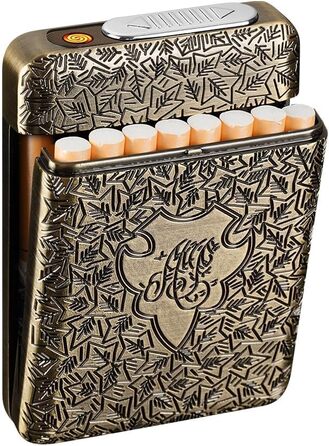 Cigarette case with lighter, cigarette box, electronic integrated flameless lighter, rechargeable, 16 pieces, 84mm King Size cigarettes, cigarette box, retro bronze