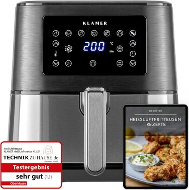 Фритюрниця KLAMER 5,5 л XXL без олії, 1700 Вт, аерофритюрниця з LED-екраном, цифровою німецькою книгою рецептів, багатофункціональна міні-фритюрниця з нержавіючої сталі