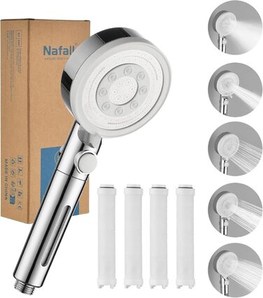 Fall Shower Head with Filter - High-Pressure Handheld Shower with 1.5M Hose, Shower Head with 5 Spray Patterns and Stop Function, Shower Head with Hose, Chrome (Chrome and White)