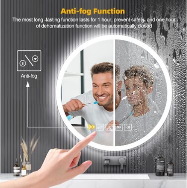Дзеркало для ванної кімнати з підсвічуванням 50x70 см, з функцією проти запотівання, годинником, LED, сенсорне управління, пам'ять, 3 кольори світла, регулювання яскравості