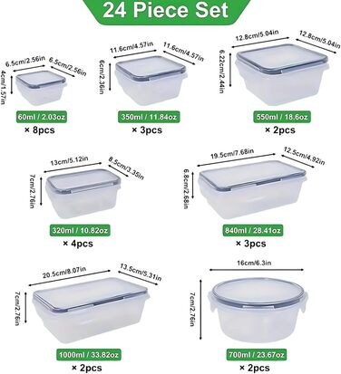 Контейнери для зберігання їжі 48er з кришкою, набір контейнерів для Meal Prep, 24 контейнери + 24 кришки, герметичні та стійкі до протікання, BPA-free, придатні для миття в посудомийній машині, заморожування та використання в мікрохвильовій печі, BXH-24