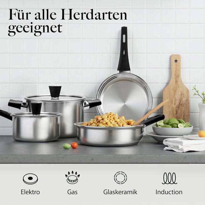 Набір каструль 6-ти частинний з нержавіючої сталі для індукційних плит, Cookware Set, без антипригарного покриття, сумісний з усіма типами плит, з кришкою та захистом від опіків, придатний для миття в посудомийній машині