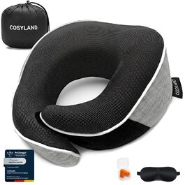 Подушка для подорожей COSYLAND з Memory Foam 360° - для літака та авто, з маскою для сну та берушами, сіра, ергономічна