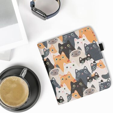 Чохол-книжка kwmobile для Pocketbook Era/Era Color з кишенею та лямкою - з зображенням жінки, що читає, чорно-бежевий (коти)