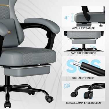 Геймерське крісло Ergonomisch з підлокітниками, підставкою для ніг, подушкою для попереку та голови, регульованою висотою, оббивка PU, сірий колір P-grey