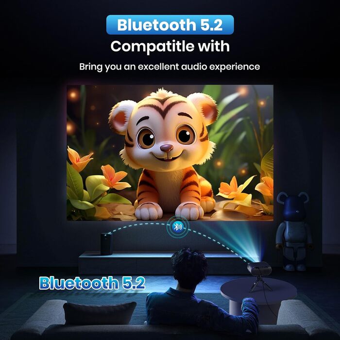 Портативний проєктор Mini Beamer 1080p з Wi-Fi, Bluetooth та штативом. Підтримка HDMI, USB, смартфонів, TV-Stick. Ідеально для домашнього кінотеатру та спальні. Чорний колір.