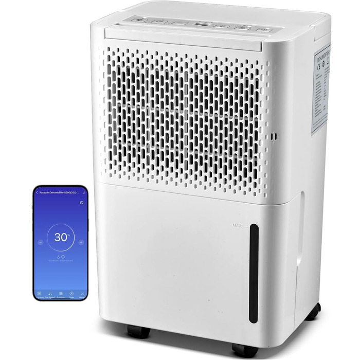 Зволожувач повітря Pasapair: автоматичний осушувач для приміщень до 120 м³ (20 м²) з цифровим дисплеєм, 3 режимами роботи, таймером, 12.1 л. Захист від вологи та плісняви.