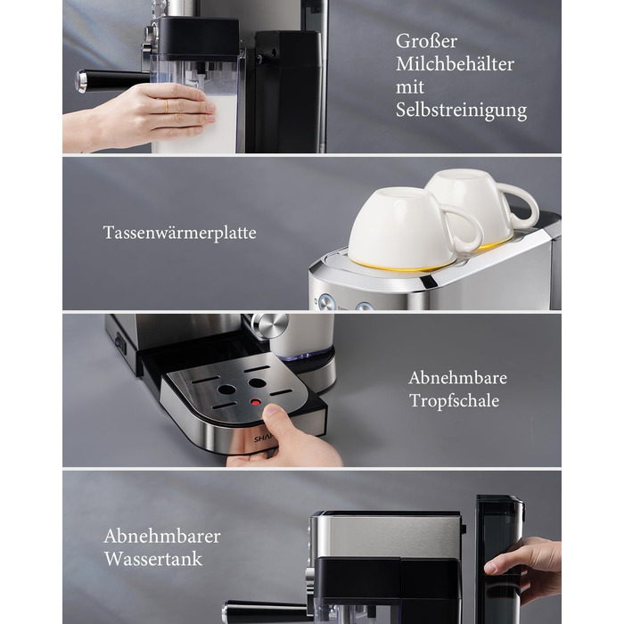 Професійна кавомашина SHARDOR для еспресо, капучино та лате макіато, 1350W, 20 Bar, нержавіюча сталь