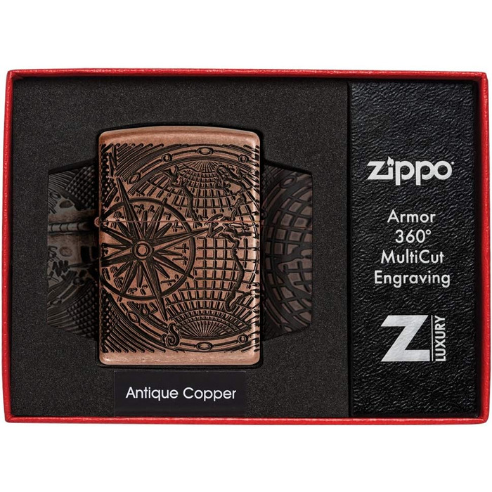 Zippo 29853 – World Map, Antique Copper – Gasoline Windproof Lighter, Refillable, in a High-Quality Gift Box