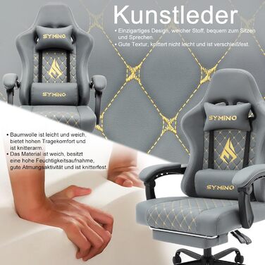 Ігрове крісло Symino Racing з ергономічною підтримкою попереку, з підніжкою, з PU шкіри, сіре, 130 кг