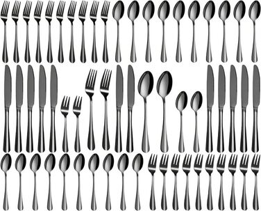 Набір столових приборів на 12 осіб, 60 предметів, чорний, з нержавіючої сталі, з високоглянцевим покриттям, придатний для миття в посудомийній машині, елегантний чорний матовий набір, з ножем, виделкою, ложкою, для дому, вечірки, ресторану
