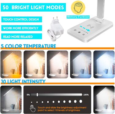 LED лампа настільна диммируемая 560LM з 5 режимами кольору та 10 рівнями яскравості, нічник, USB-порт, функція пам'яті та таймер, 10W - біла (адаптер 20W - срібний)