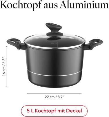 Каструля Florina Aluminium Topf 5 л з нержавіючою сталлю, 22 см з кришкою з термостійкого скла, мірна склянка, антикцарапаюче покриття, каструля з індукційним дном, підходить для індукційних, газових та електричних плит (чорна)