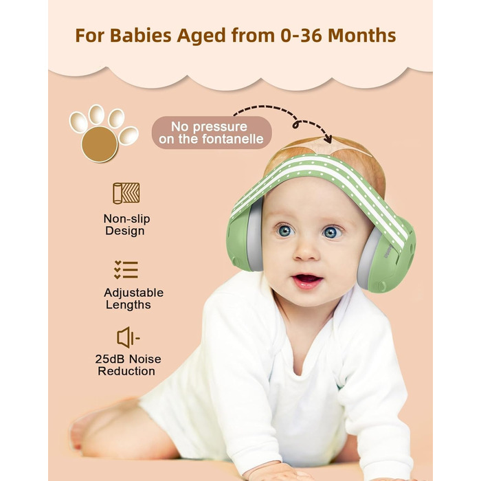 Навушники для захисту від шуму для малюків 0-36 місяців, високоякісні дитячі навушники з регульованим антиковзким обручем, ідеальні для повсякденного використання, сну та подорожей (зелені)
