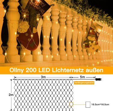 Льод-гірлянда сітчаста на 200 LED, 3x2м, тепле біле світло, з пультом, таймером, вологостійка. Підходить для декорування садів, кімнат, балконів.
