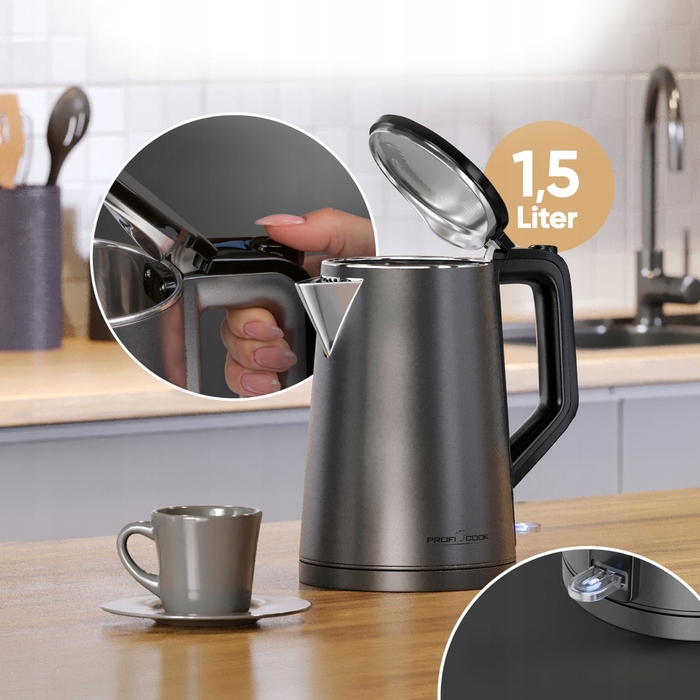 Електричний чайник Profi Cook PCWK501293, 2200 Вт, 1,5 л, сріблястий/сірий
