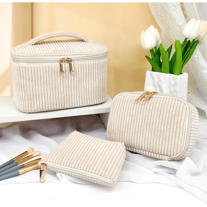 Набір косметичок для жінок: 3 шт. - для макіяжу, подорожей, повсякденного використання. Колір: бежевий