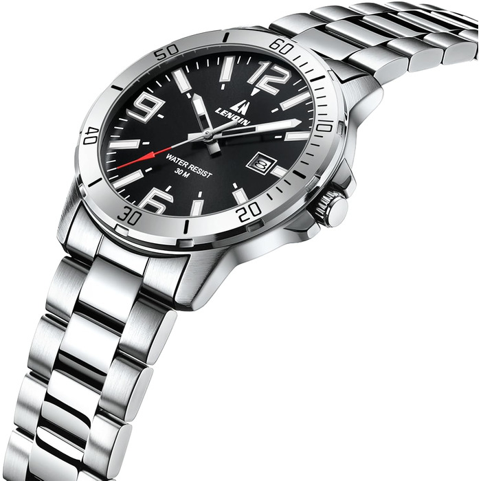 Годинник чоловічий LN LENQIN з нержавіючої сталі, водонепроникний, з датою, кварцовий, аналоговий, бізнес-стиль (сріблястий, чорний)
