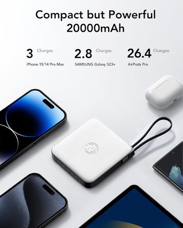 Power Bank VRURC 20000mAh з кабелем USB-C 22.5W QC3.0 – портативний акумулятор для iPhone, Huawei та смартфонів (білий)