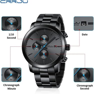 Чоловічий годинник CRRJU з хронографом, сталевий браслет, водонепроникний, чорний, з датою, аналоговий кварцовий годинник для бізнесу, чорно-синій