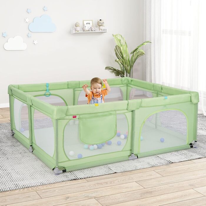 LIFEZEAL Playpen Baby 189 x 158 cm, Safety Play Area Children's Playpen with Super Soft, Foldable Baby Playpen made of Oxford Cloth with Handbag, 50 Ocean Balls, 4 Toddler Rings (Green)
