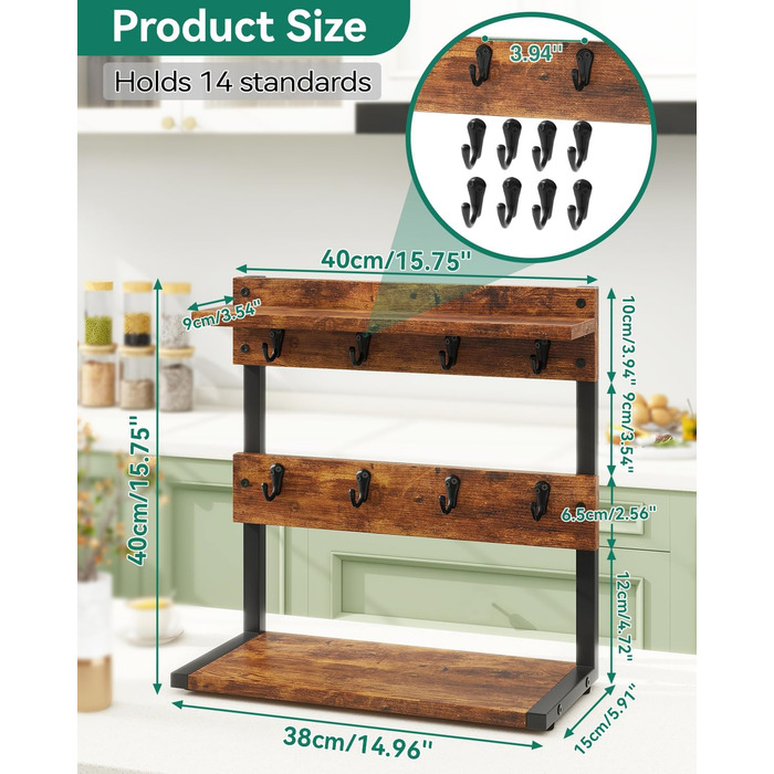 Vintage Mug Holder with 8 Hooks, Coffee Cup Holder for Kitchen Countertop, Cup Stand with Storage Bottom, for Kitchen Dining Room Cafe 40 x 15 x 40 cm, Vintage Brown TBJ002H