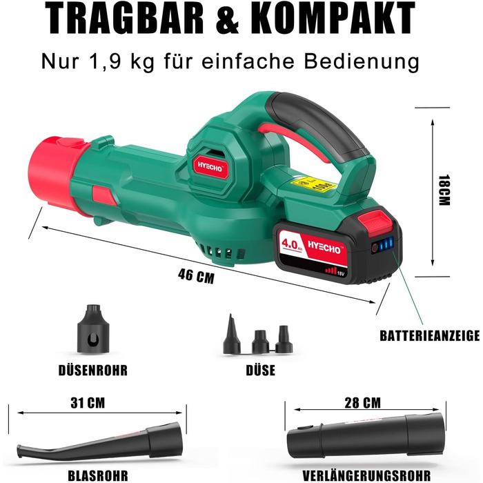 HYECHO Leaf Blower, 223 km/h Leaf Blower Battery 18V 4000mAh, with 3 inflation nozzles, Ergonomic, Operating weight 1.93Kg for cleaning leaves, removing dust