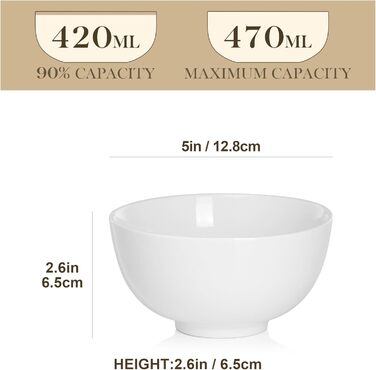 MALACASA Набір з 8 порцелянових мисок для мюслі та супу, 420 мл, кремово-білий, 12.8x12.8x6.5 см